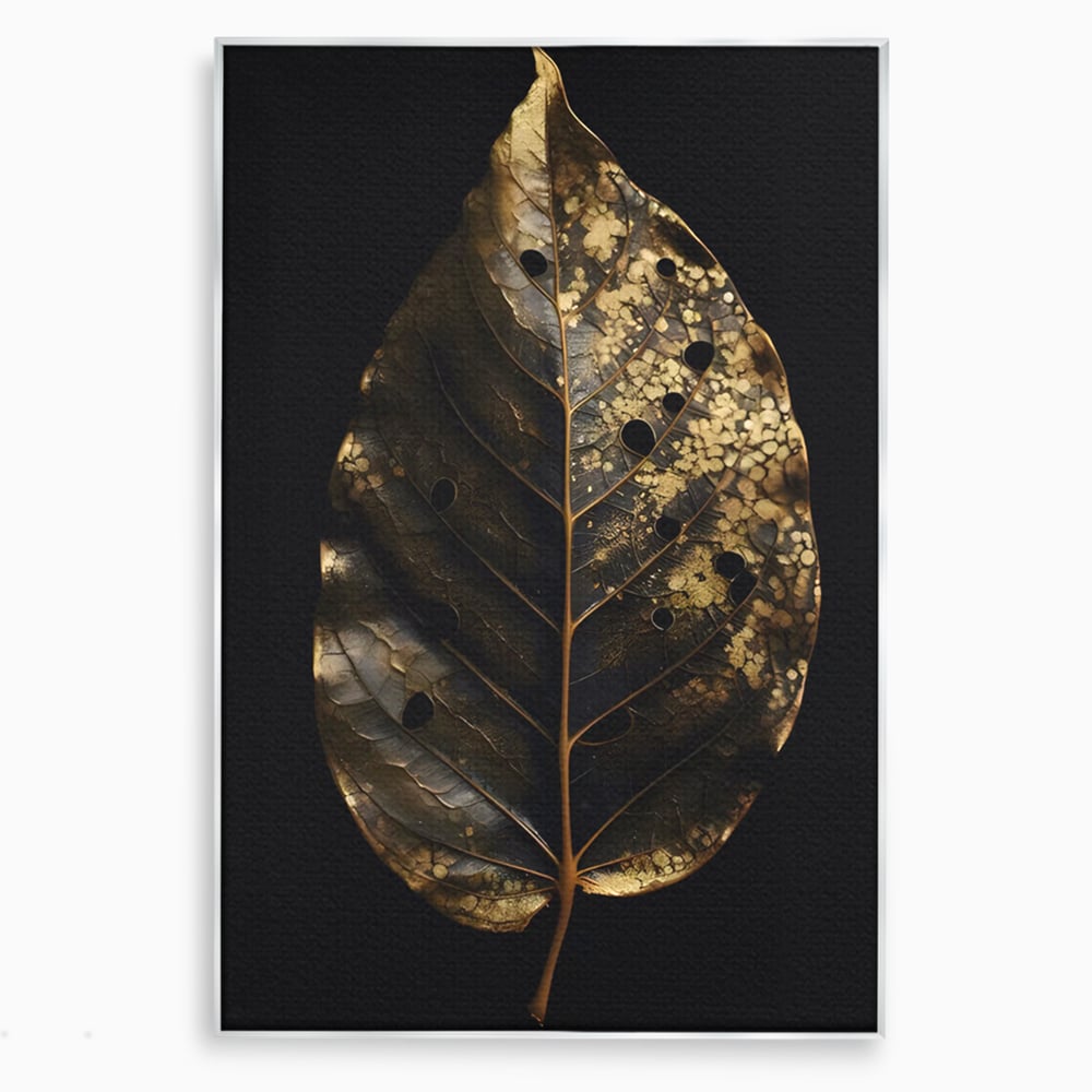 Tablou canvas cu tablou canvas cu frunza aurie pe fundal negru, in rama de aluminiu argintiu